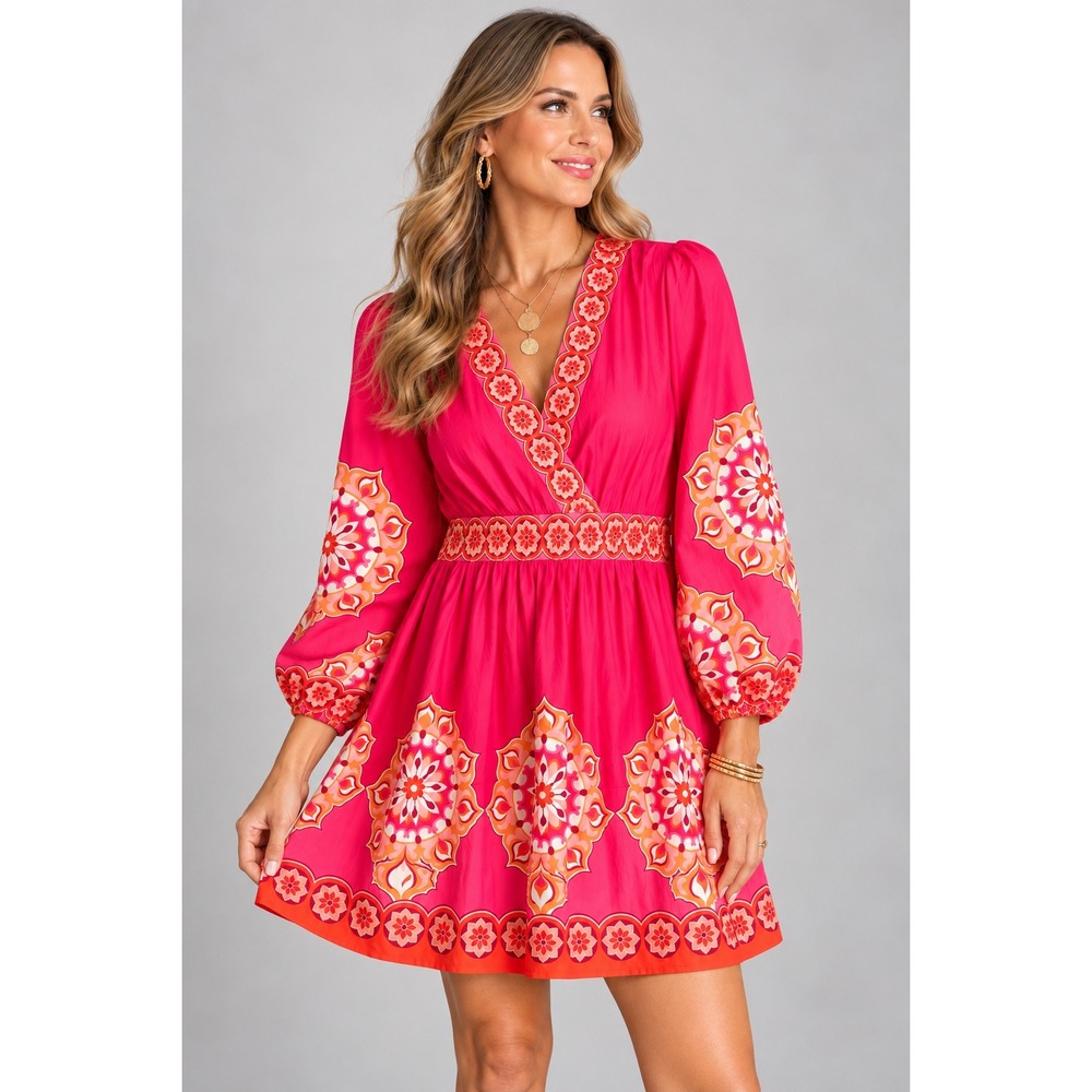 Cato Pink Orange Medallion Print V-Neck Mini Dress Long Balloon Sleeve Size 14